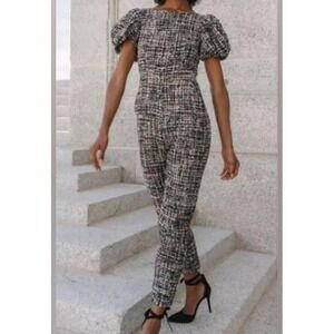IVY CITY Roxy Textured Tweed Jumpsuit Puff Sleeve Cropped Leg Womens Size S